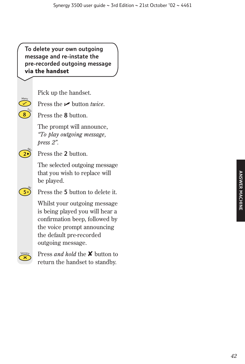 Button to return the handset to standby | BT Synergy 3500 User Manual | Page 45 / 70