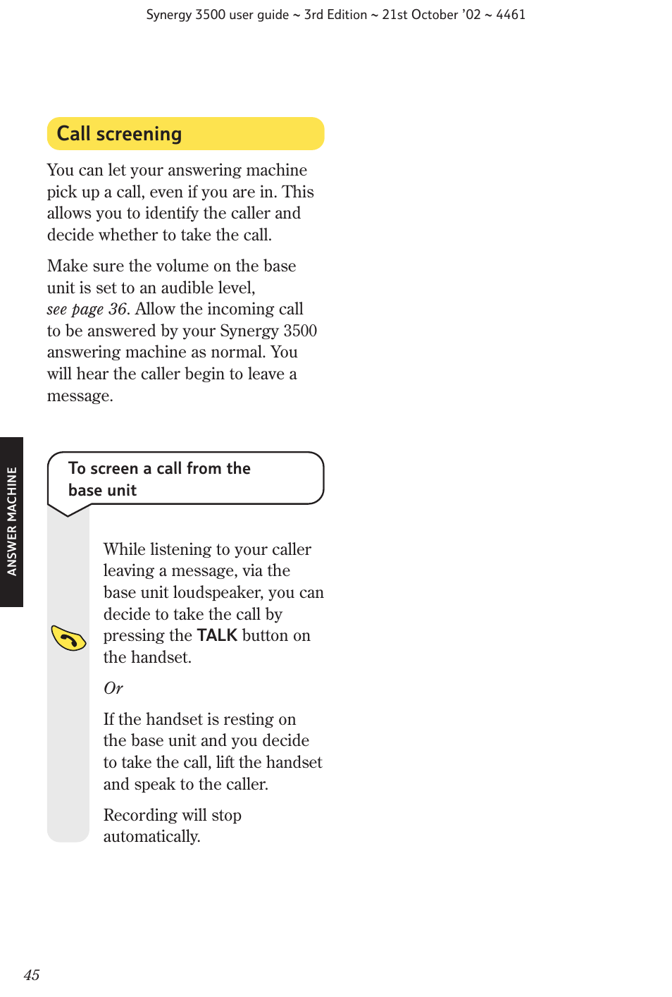 Call screening | BT Synergy 3500 User Manual | Page 48 / 70