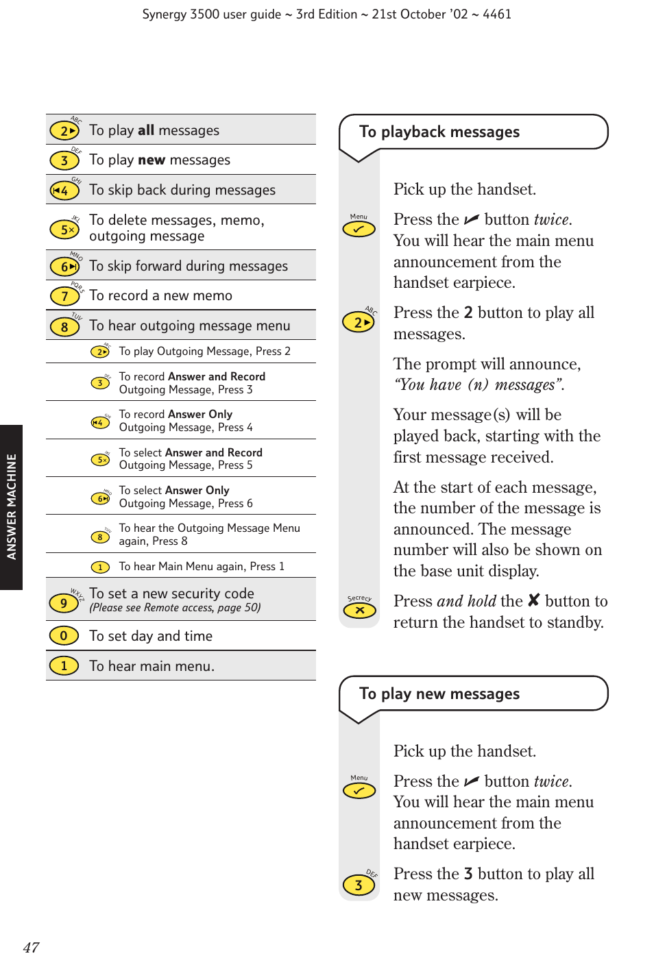 Button to return the handset to standby | BT Synergy 3500 User Manual | Page 50 / 70