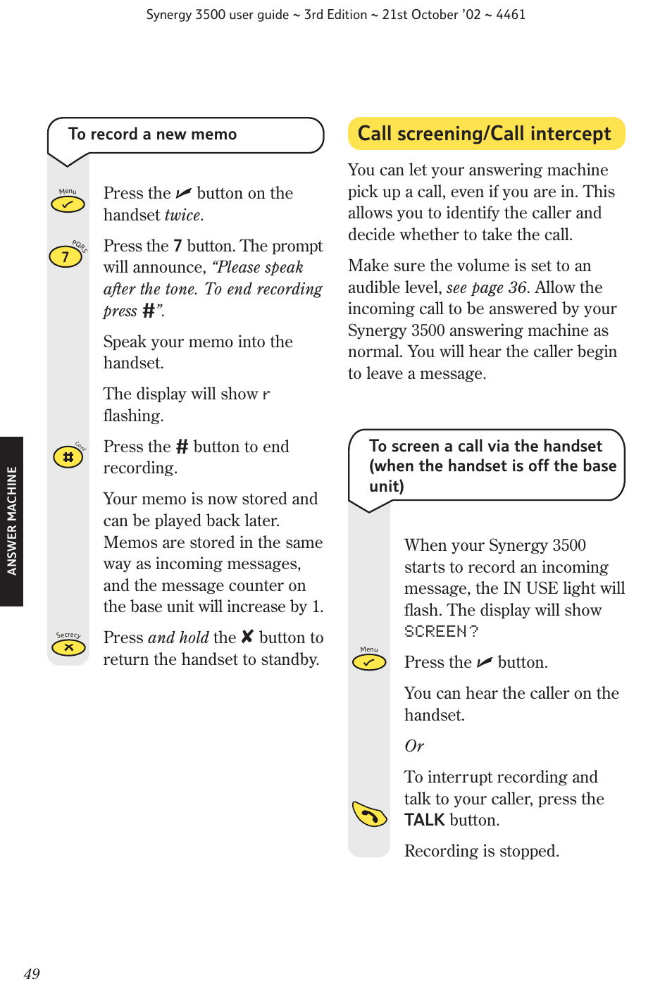 Call screening/call intercept, Button to return the handset to standby | BT Synergy 3500 User Manual | Page 52 / 70
