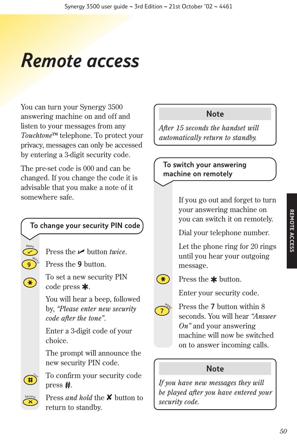 Remote access | BT Synergy 3500 User Manual | Page 53 / 70
