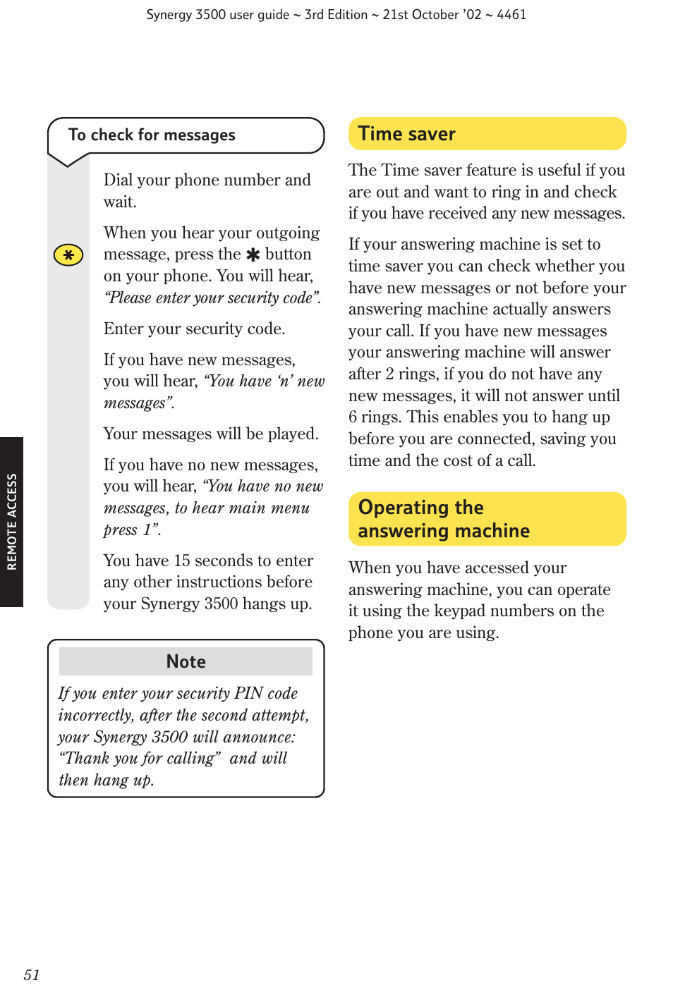 Operating the answering machine, Time saver | BT Synergy 3500 User Manual | Page 54 / 70