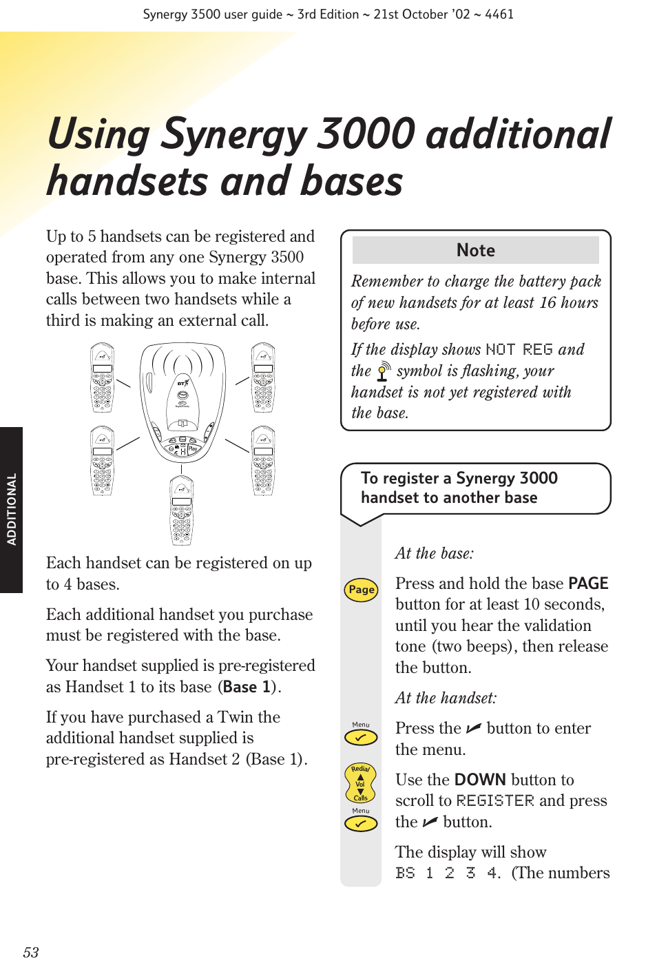 Using synergy 3000 additional handsets and bases, Additional | BT Synergy 3500 User Manual | Page 56 / 70