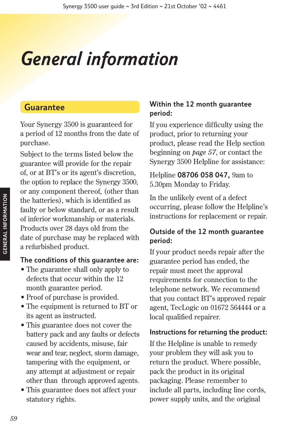 General information, Guarantee | BT Synergy 3500 User Manual | Page 62 / 70