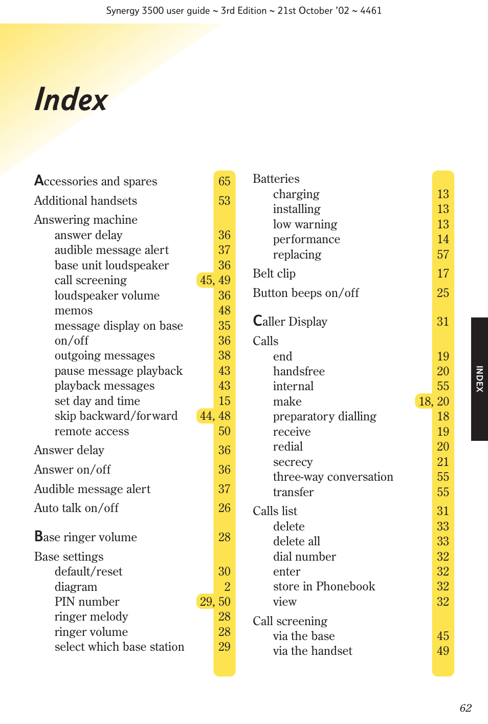 Index | BT Synergy 3500 User Manual | Page 65 / 70