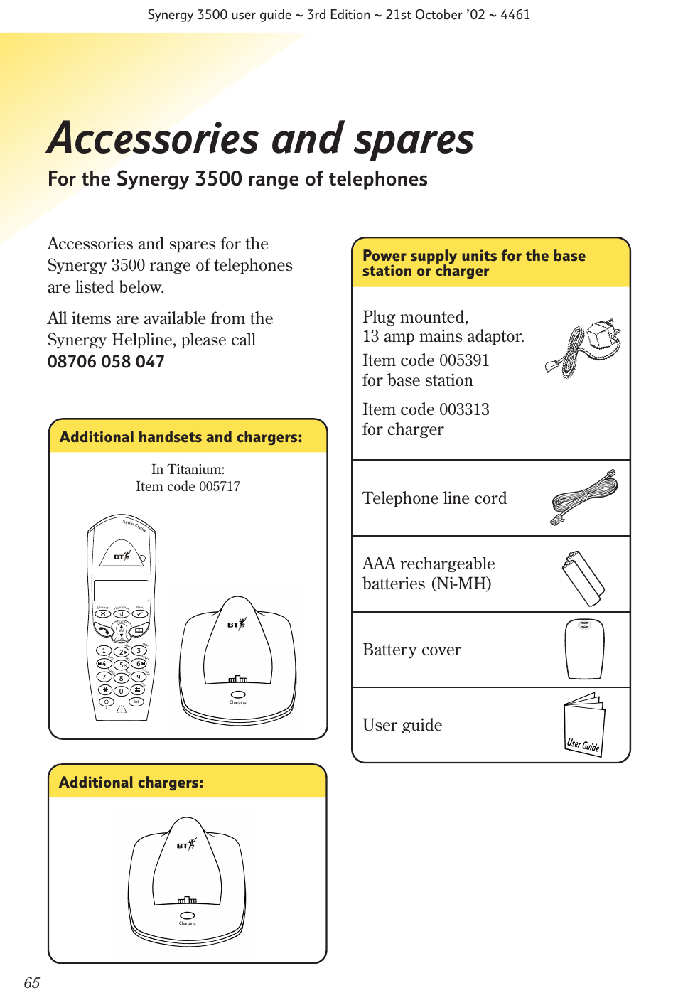 Accessories and spares, For the synergy 3500 range of telephones, Additional handsets and chargers | BT Synergy 3500 User Manual | Page 68 / 70
