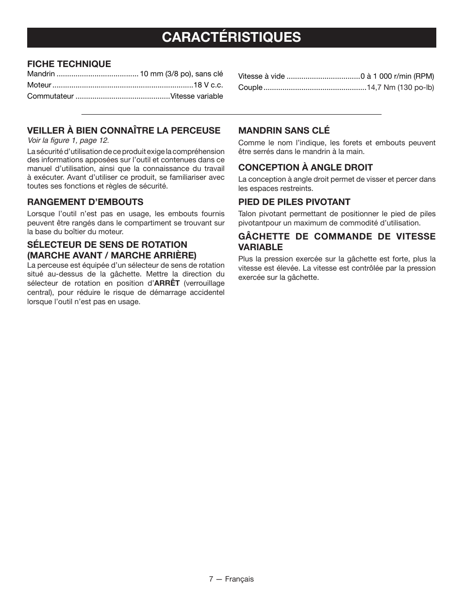 Caractéristiques | Ryobi P240 User Manual | Page 17 / 36