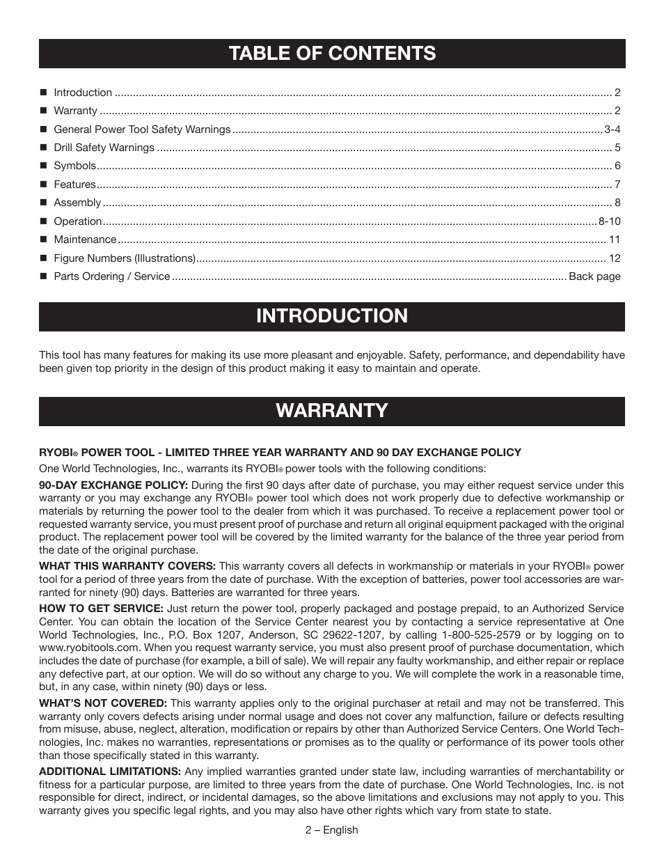Introduction, Table of contents warranty | Ryobi P240 User Manual | Page 2 / 36