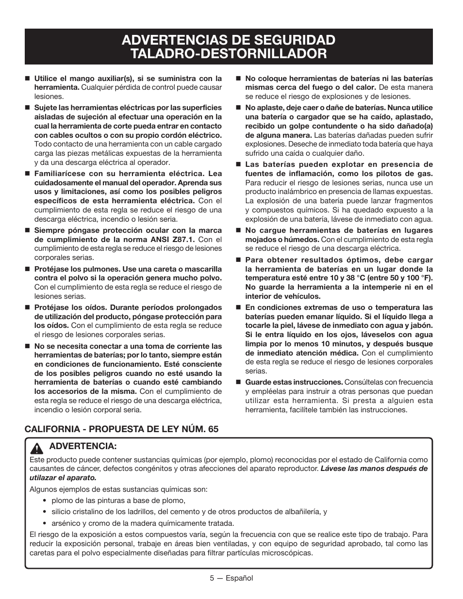 Advertencias de seguridad taladro-destornillador | Ryobi P240 User Manual | Page 25 / 36