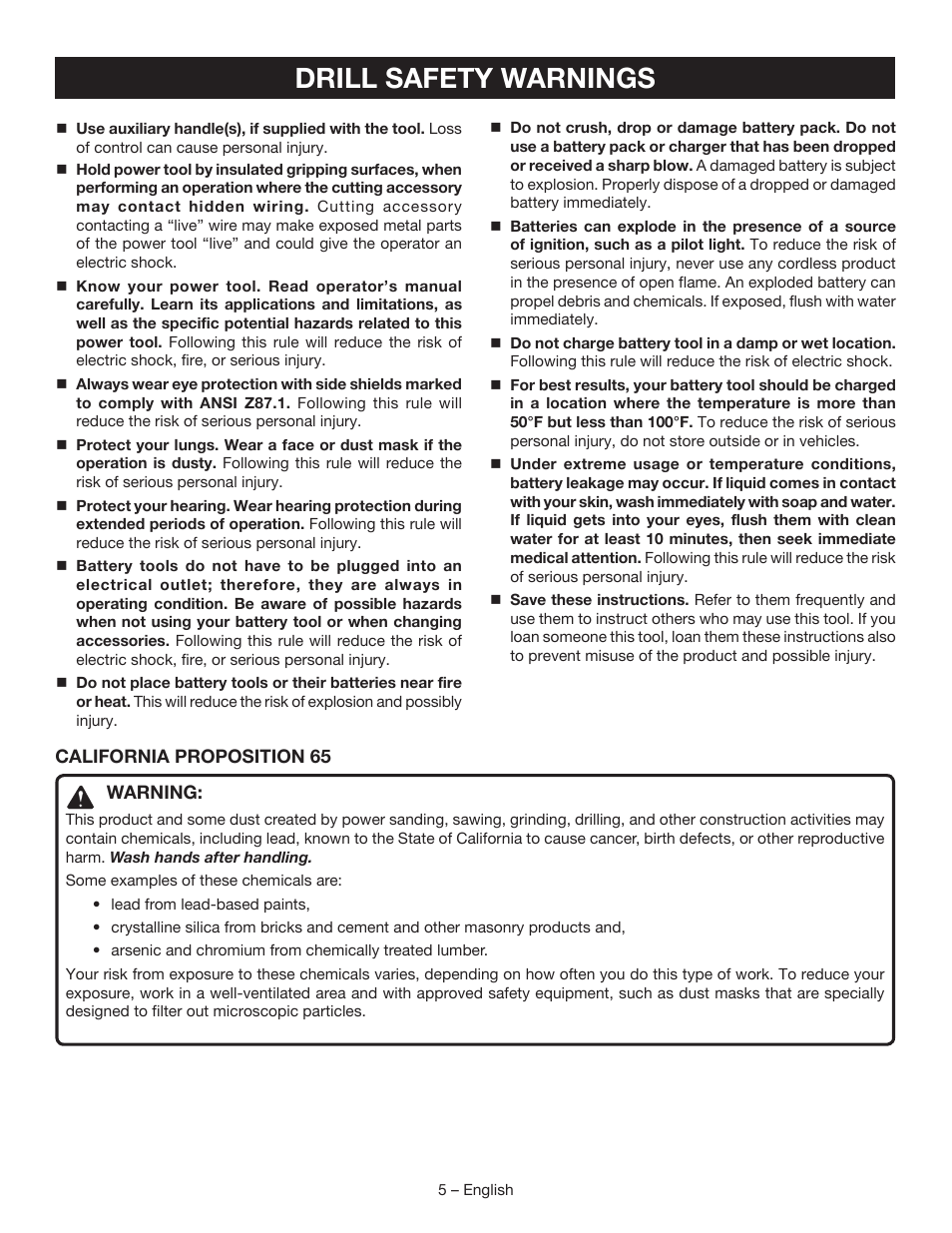 Drill safety warnings | Ryobi P240 User Manual | Page 5 / 36
