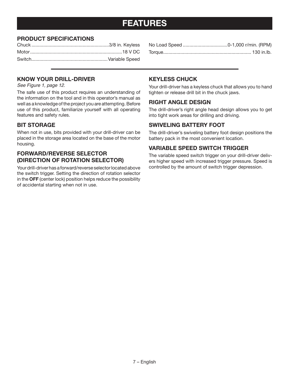 Features | Ryobi P240 User Manual | Page 7 / 36