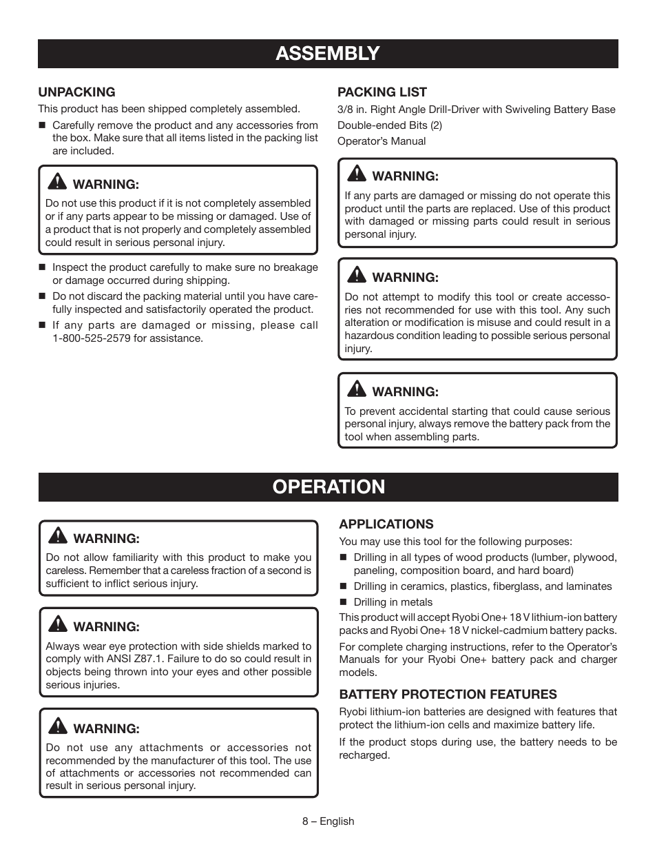 Operation, Assembly | Ryobi P240 User Manual | Page 8 / 36