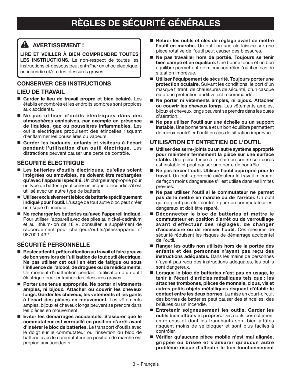 Règles de sécurité générales | Ryobi P250 User Manual | Page 12 / 32