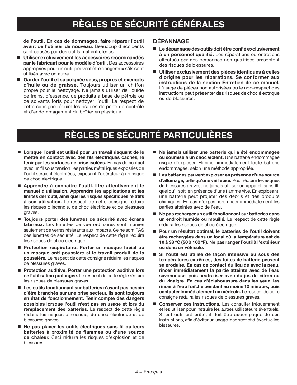 Règles de sécurité générales, Règles de sécurité particulières, Dépannage | Ryobi P250 User Manual | Page 13 / 32
