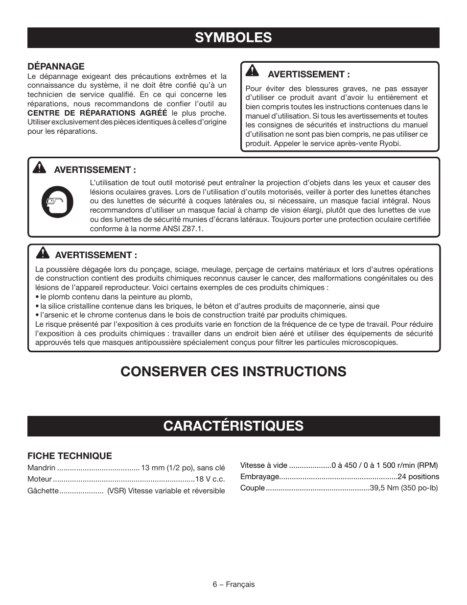 Caractéristiques, Symboles, Conserver ces instructions | Ryobi P250 User Manual | Page 15 / 32