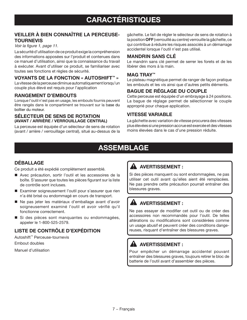 Caractéristiques, Assemblage | Ryobi P250 User Manual | Page 16 / 32