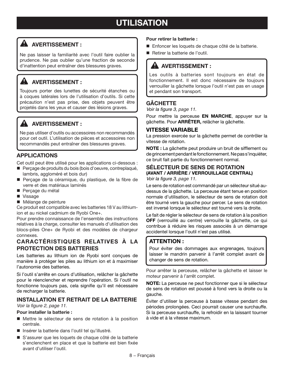 Utilisation | Ryobi P250 User Manual | Page 17 / 32
