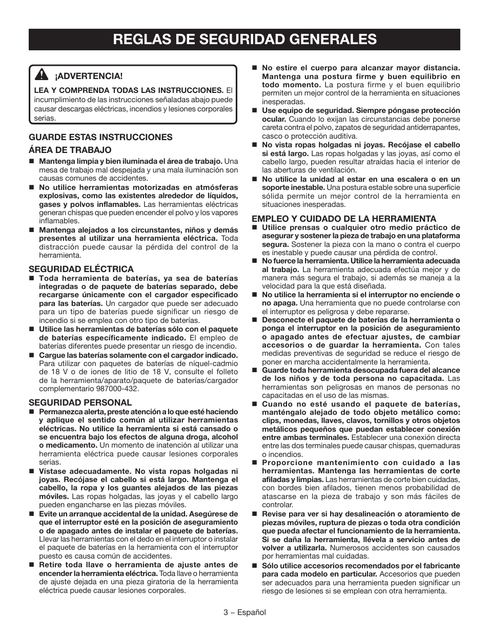 Reglas de seguridad generales | Ryobi P250 User Manual | Page 21 / 32