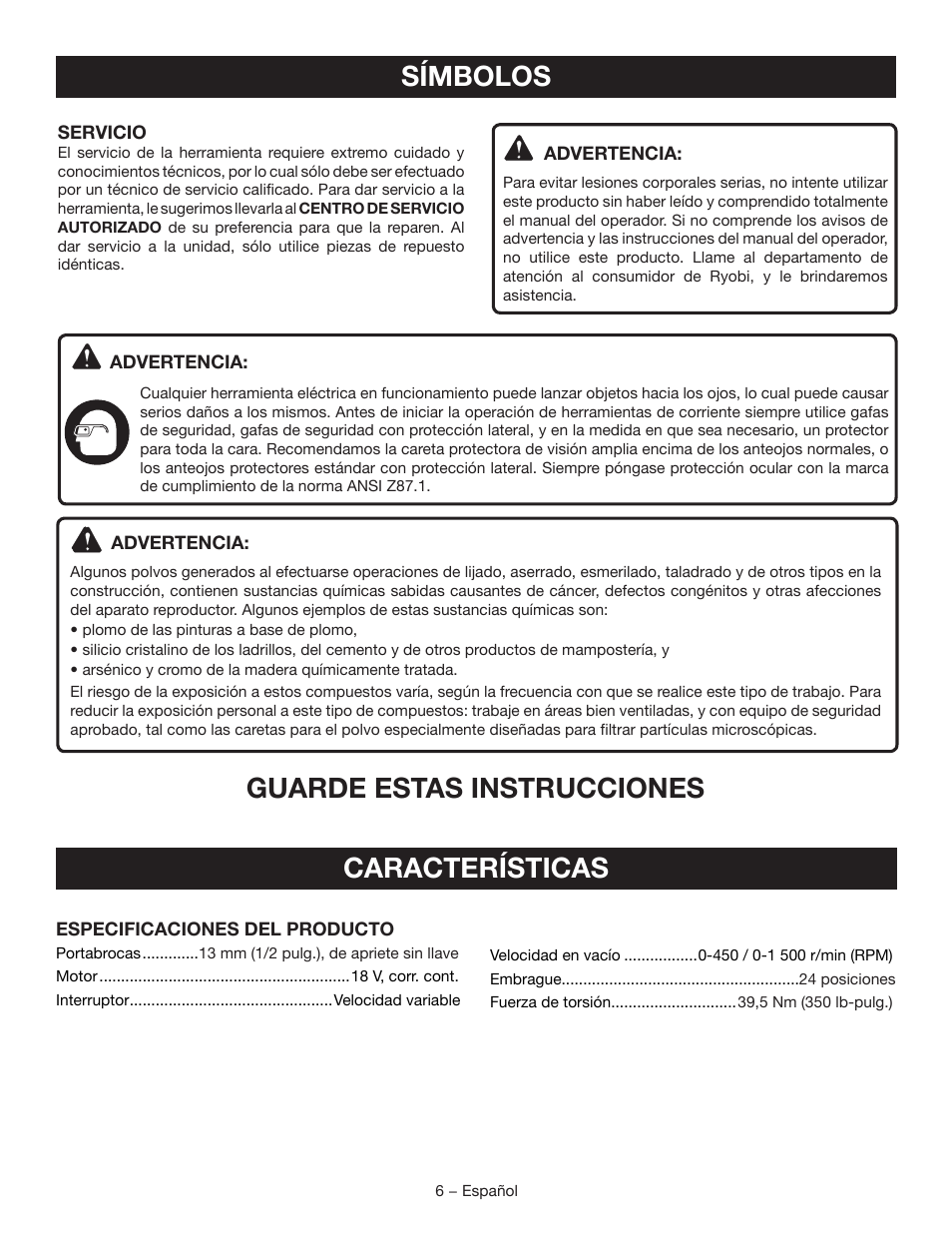 Características, Símbolos, Guarde estas instrucciones | Ryobi P250 User Manual | Page 24 / 32