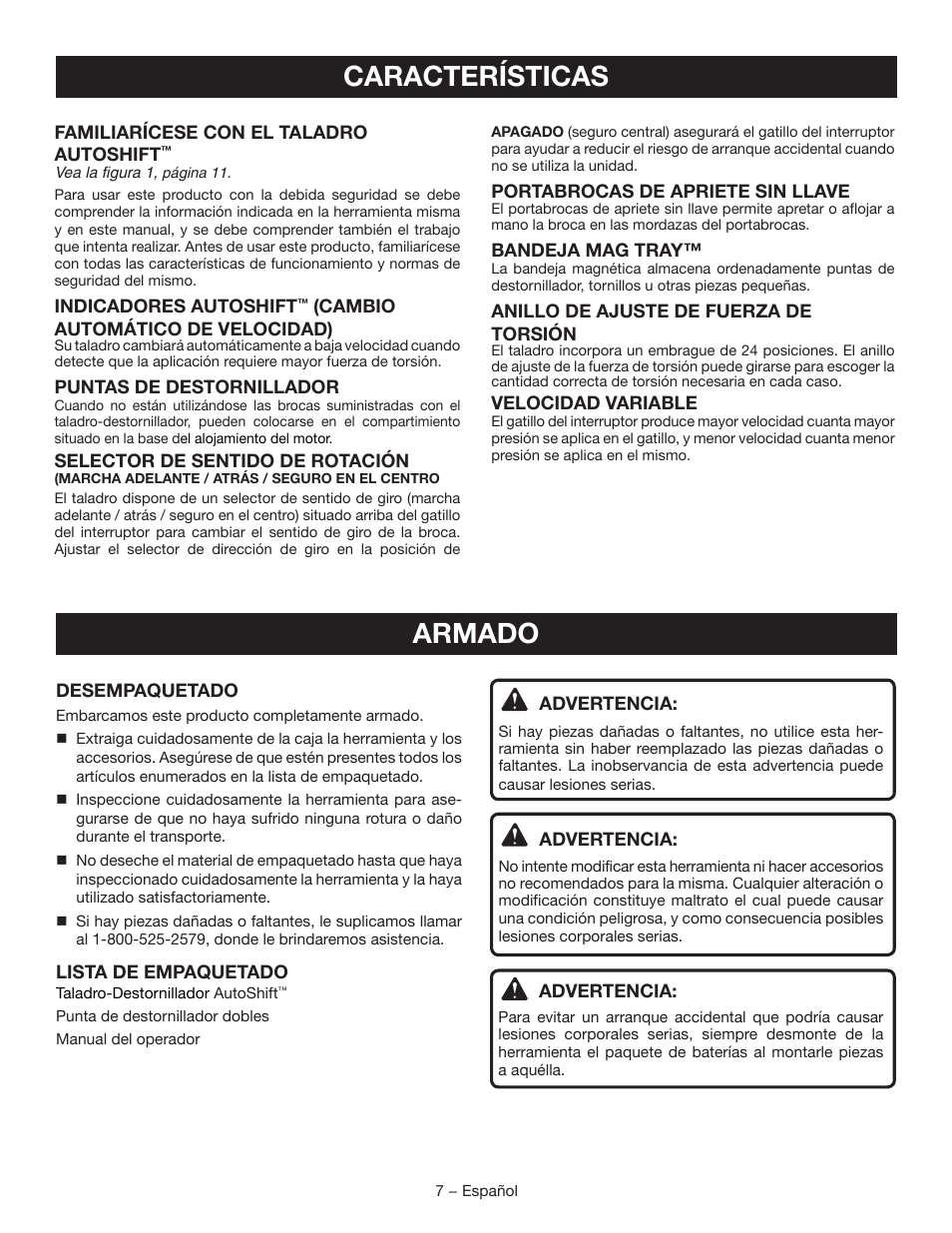 Características, Armado | Ryobi P250 User Manual | Page 25 / 32