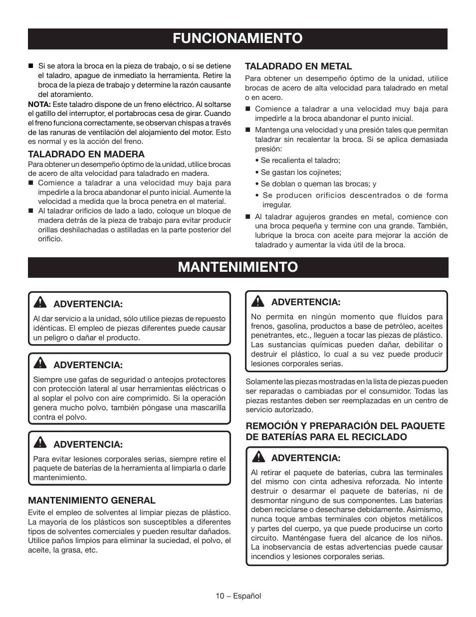 Funcionamiento, Mantenimiento | Ryobi P250 User Manual | Page 28 / 32