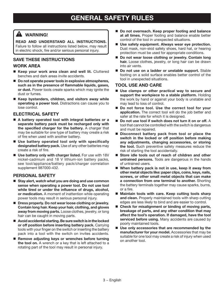 General safety rules | Ryobi P250 User Manual | Page 3 / 32