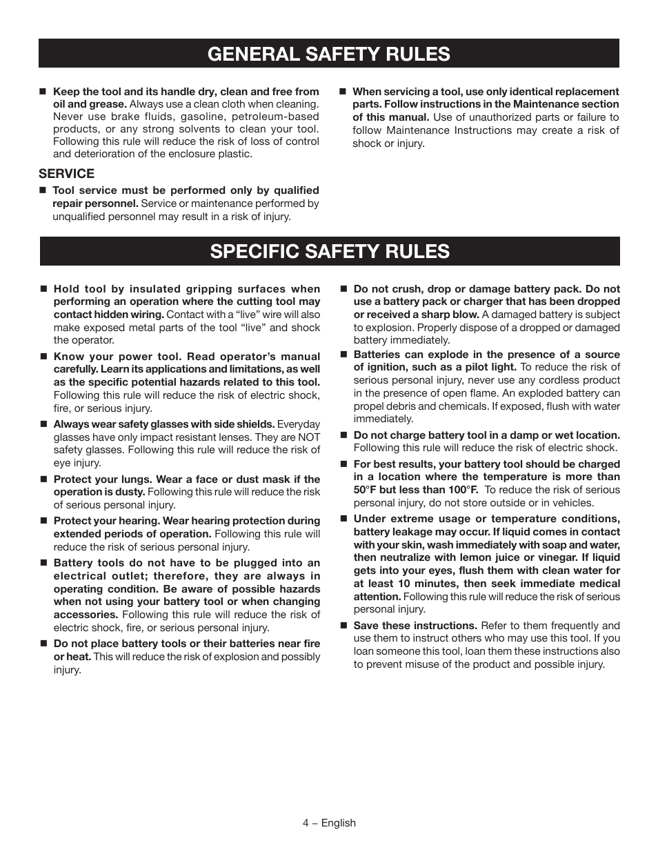 General safety rules specific safety rules | Ryobi P250 User Manual | Page 4 / 32