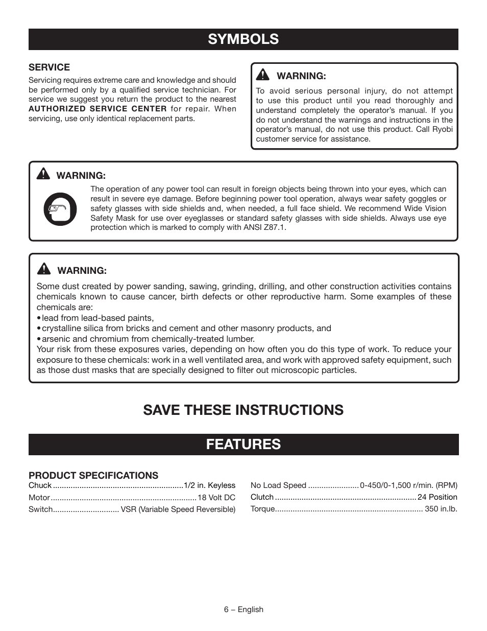Symbols, Save these instructions, Features | Ryobi P250 User Manual | Page 6 / 32