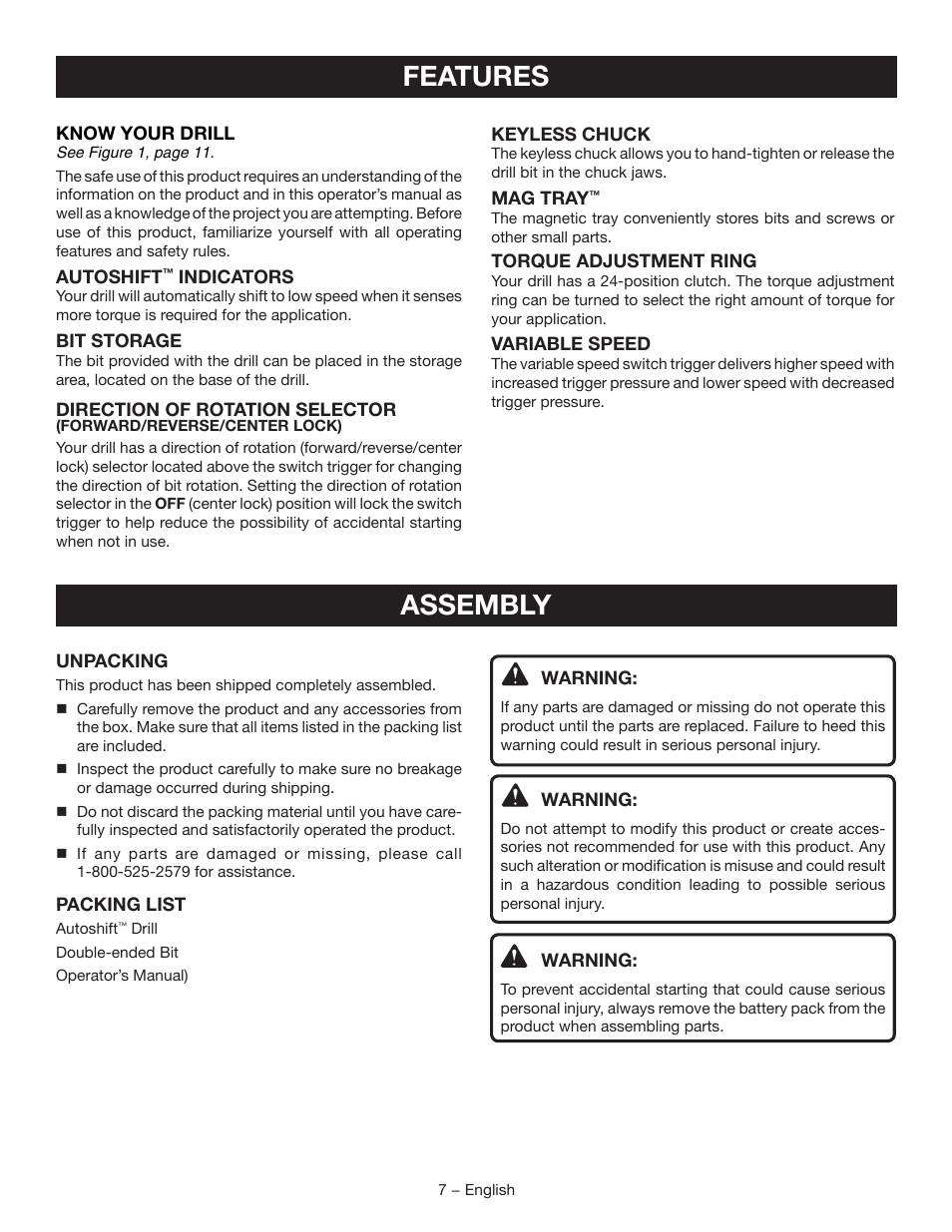Features, Assembly | Ryobi P250 User Manual | Page 7 / 32