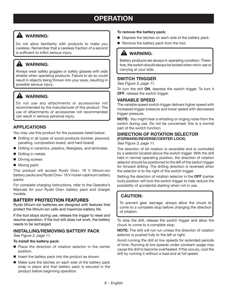 Operation | Ryobi P250 User Manual | Page 8 / 32