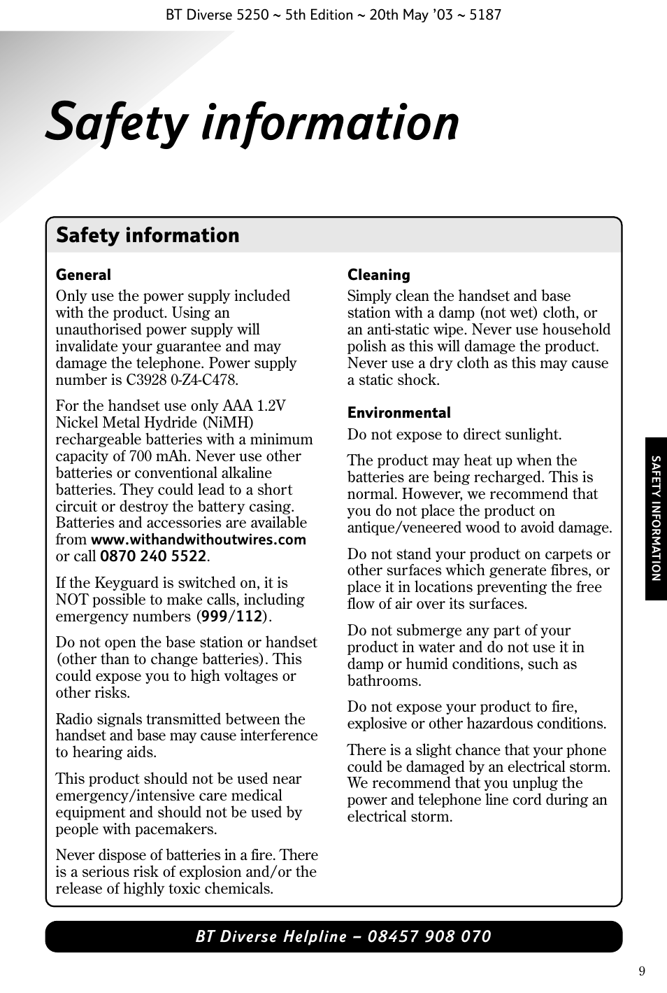 Safety information | BT Diverse 5250 User Manual | Page 11 / 68