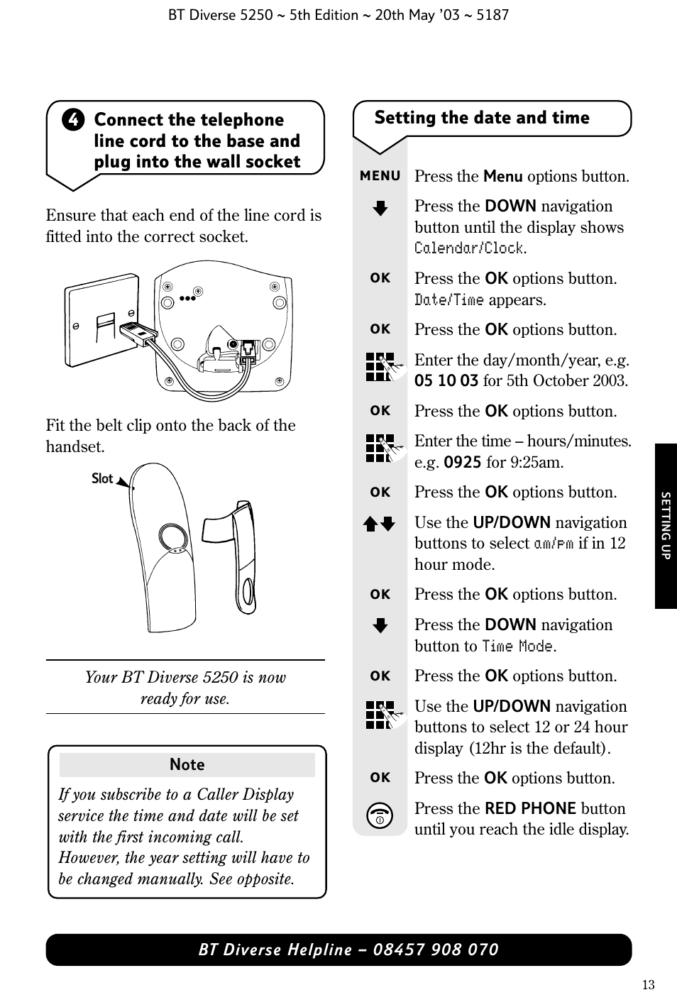 Setting the date and time | BT Diverse 5250 User Manual | Page 15 / 68