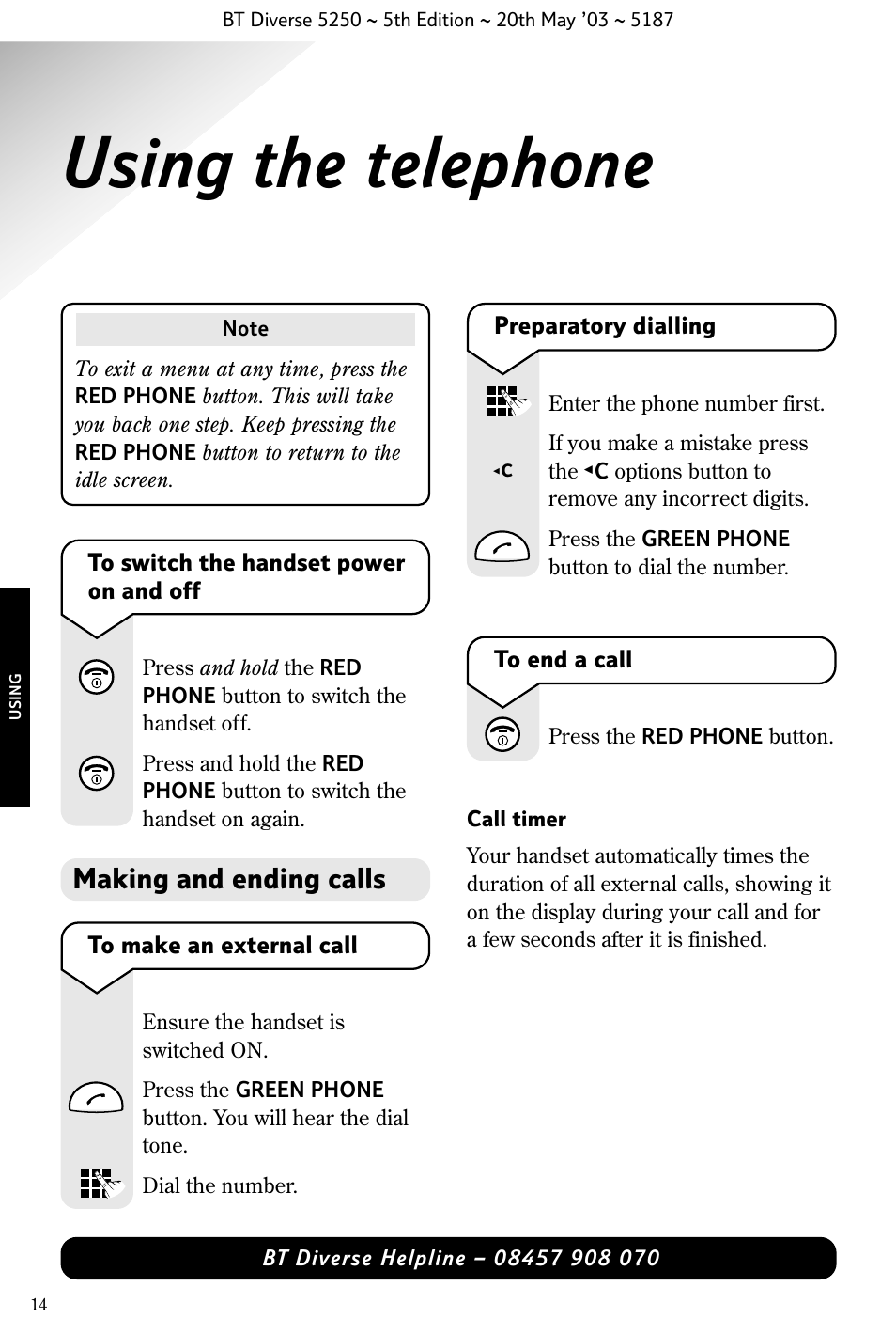 Using the telephone, Making and ending calls | BT Diverse 5250 User Manual | Page 16 / 68