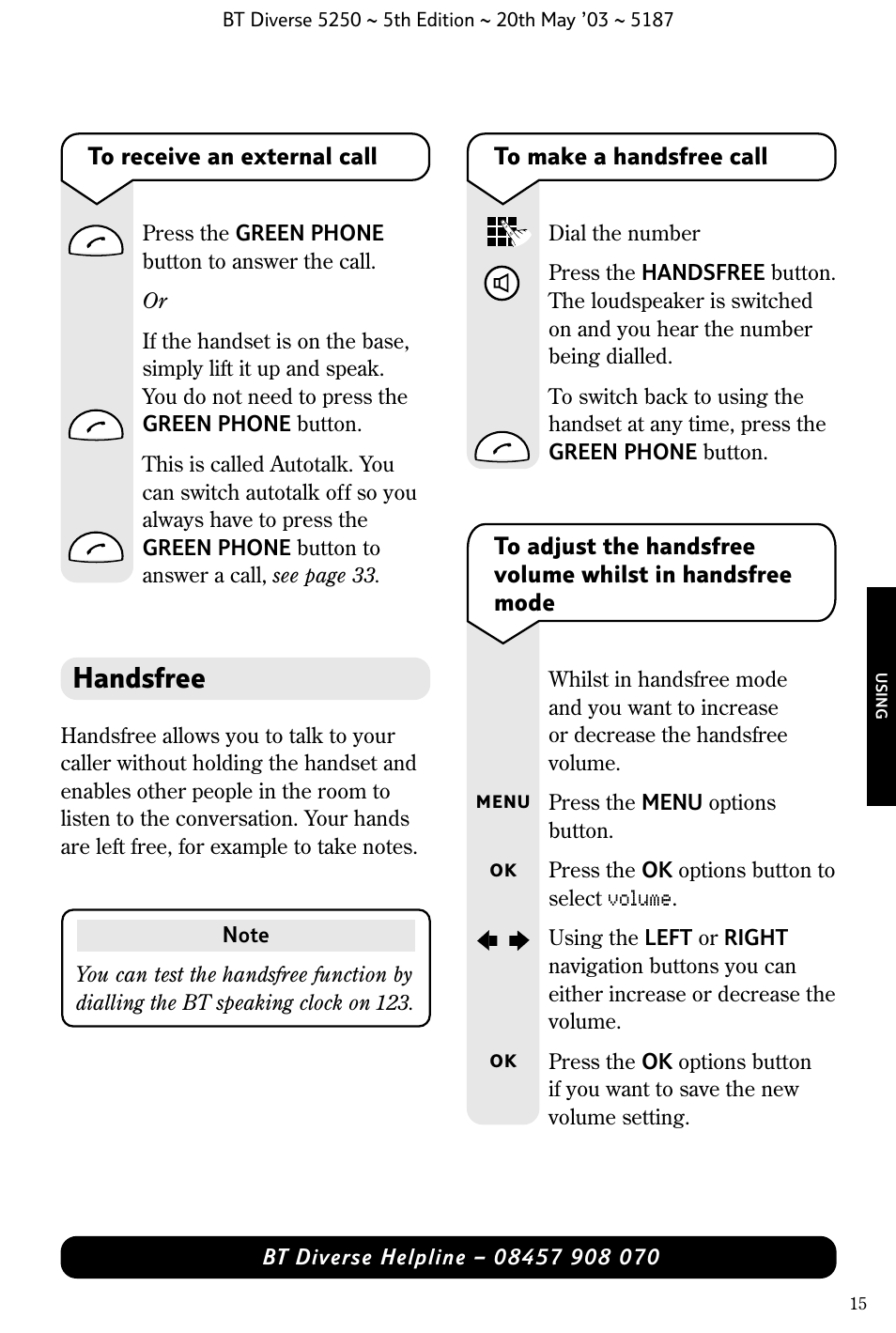 Handsfree | BT Diverse 5250 User Manual | Page 17 / 68