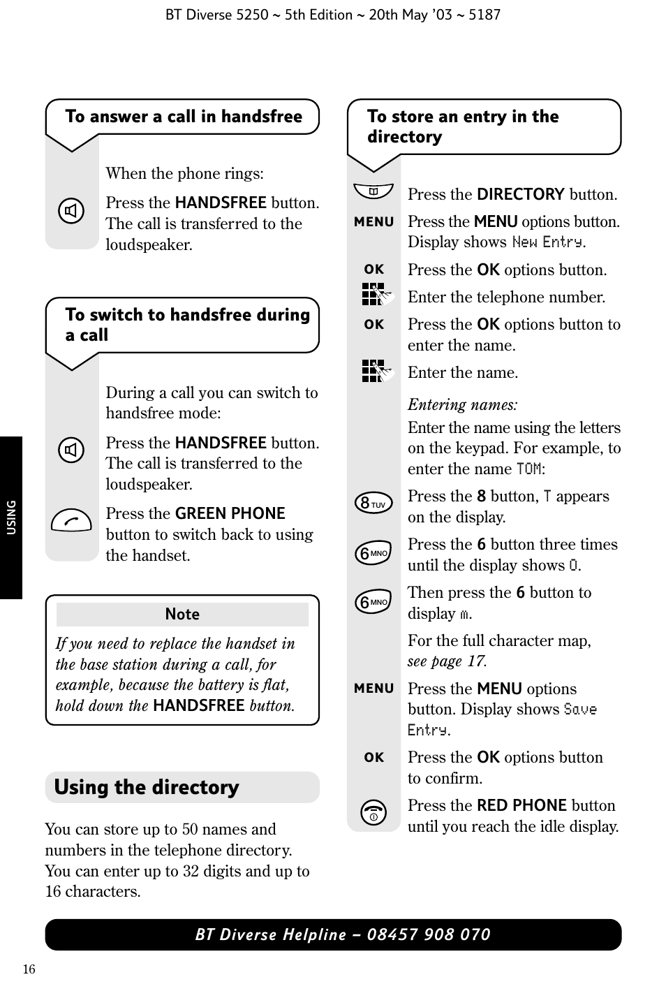 Using the directory | BT Diverse 5250 User Manual | Page 18 / 68