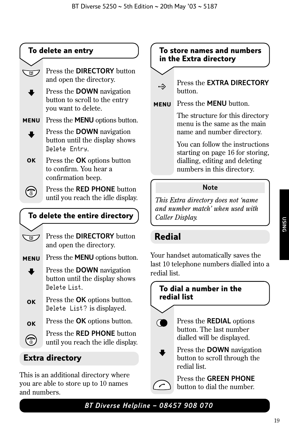 Redial, Extra directory | BT Diverse 5250 User Manual | Page 21 / 68