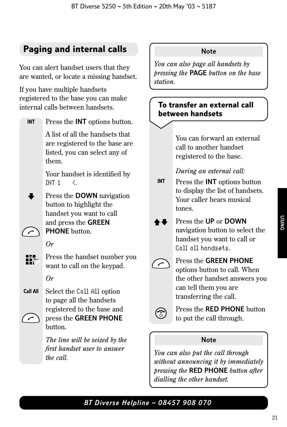 Paging and internal calls | BT Diverse 5250 User Manual | Page 23 / 68