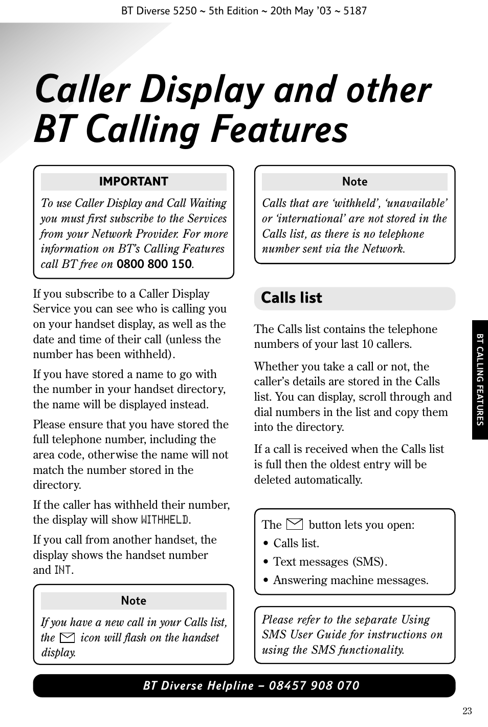 Caller display and other bt calling features, Calls list | BT Diverse 5250 User Manual | Page 25 / 68