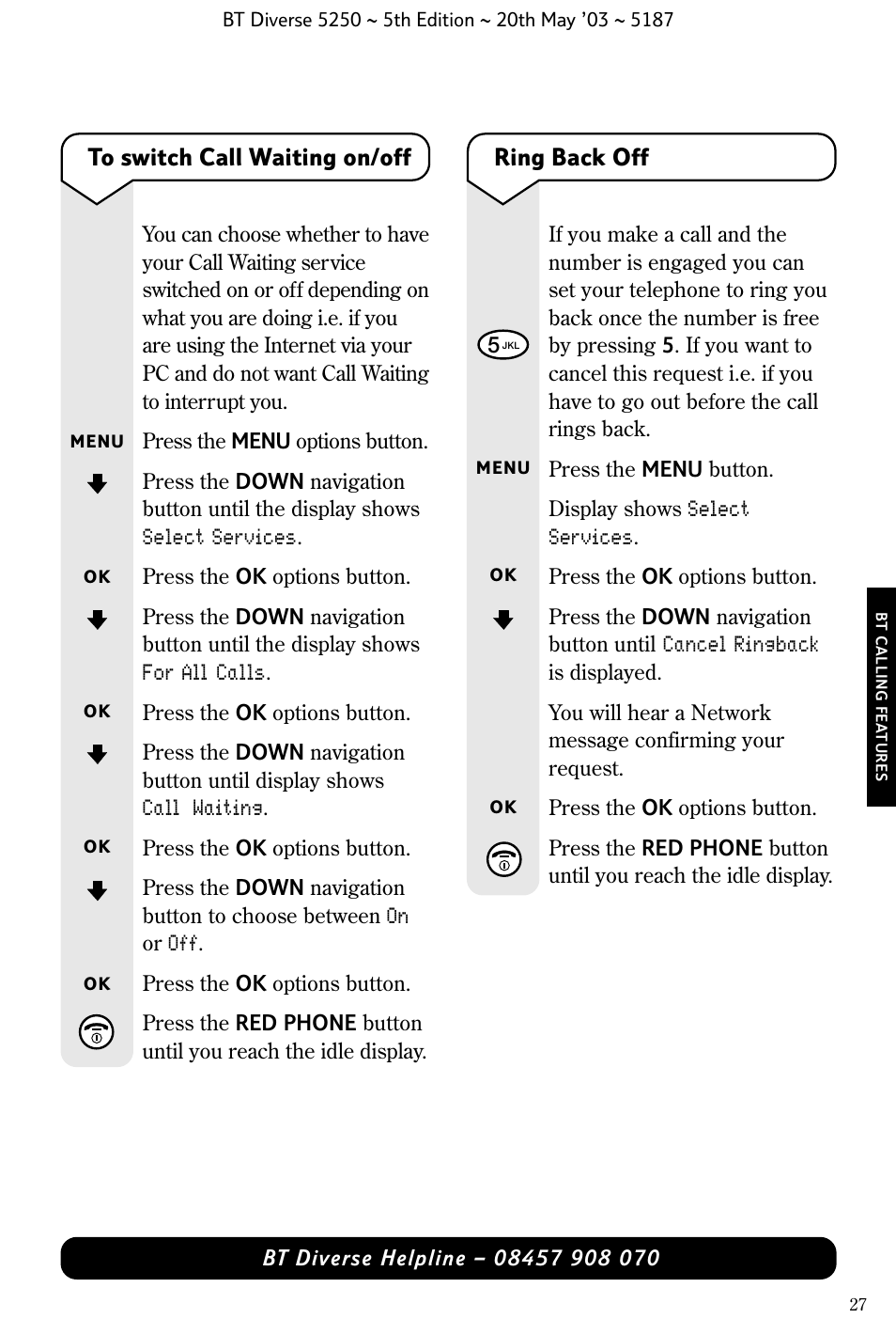 Ring back off | BT Diverse 5250 User Manual | Page 29 / 68