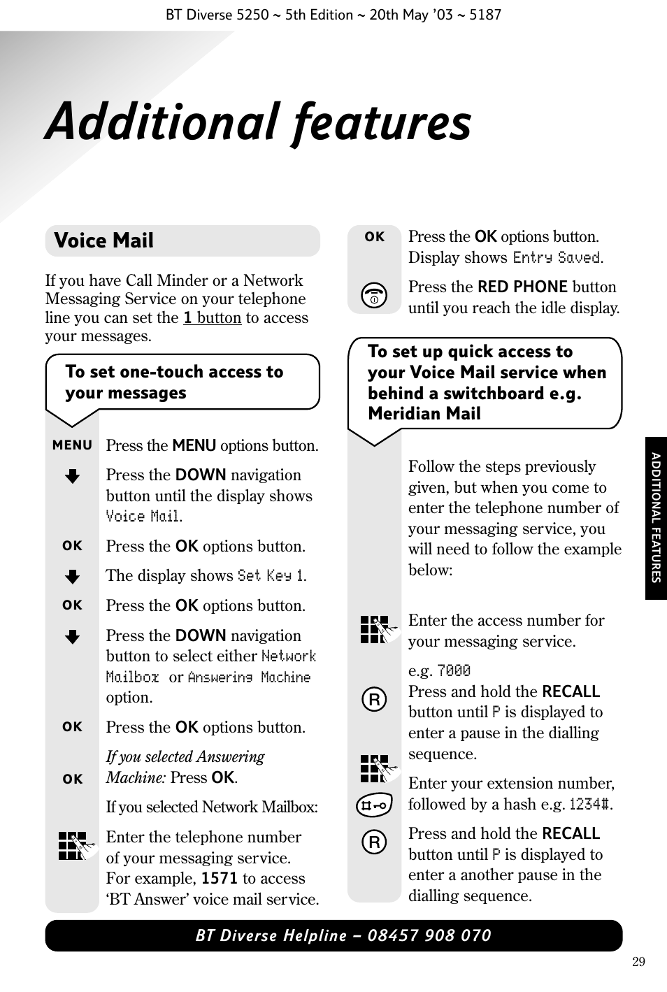 Additional features, Voice mail | BT Diverse 5250 User Manual | Page 31 / 68