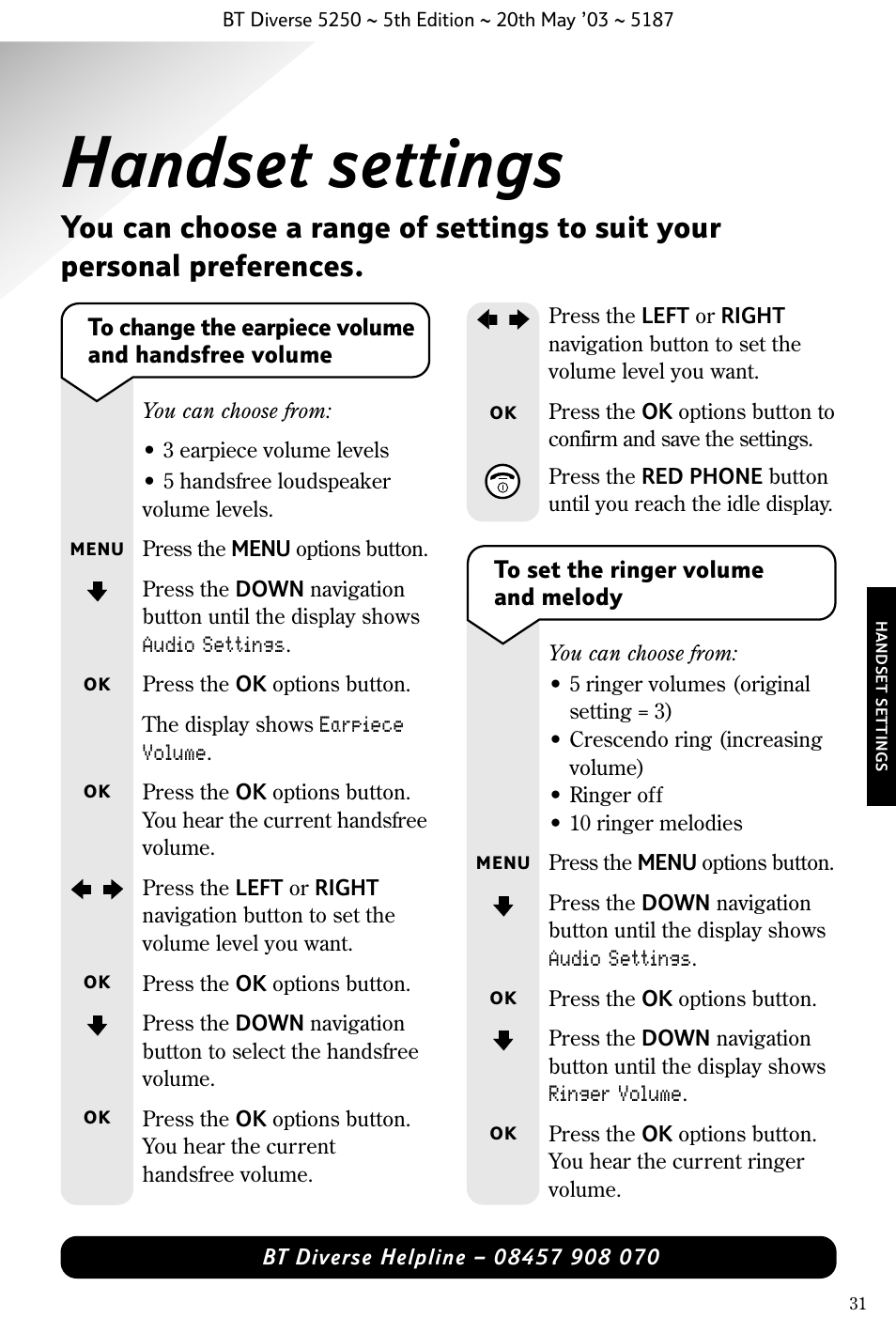 Handset settings | BT Diverse 5250 User Manual | Page 33 / 68