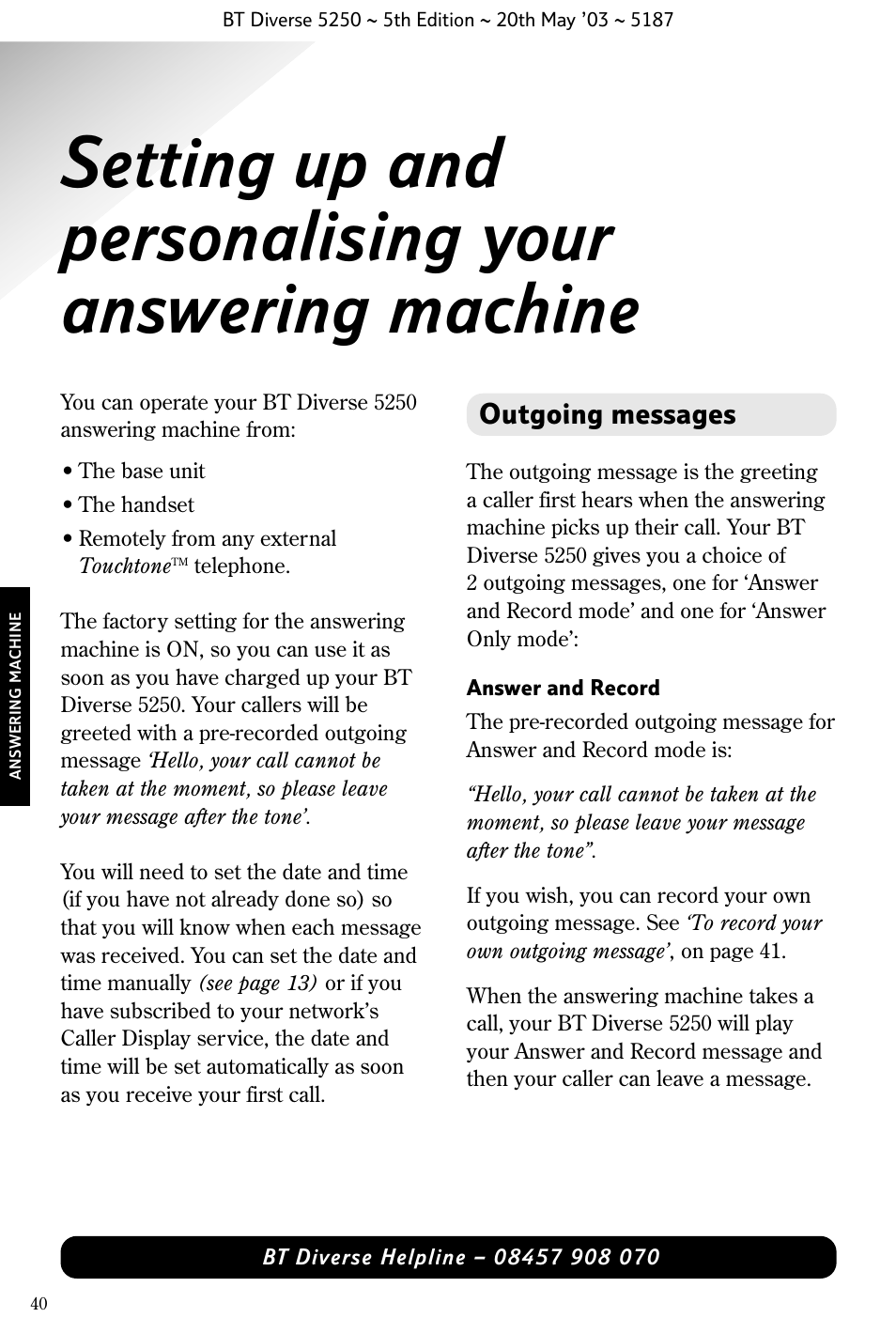 Outgoing messages | BT Diverse 5250 User Manual | Page 42 / 68