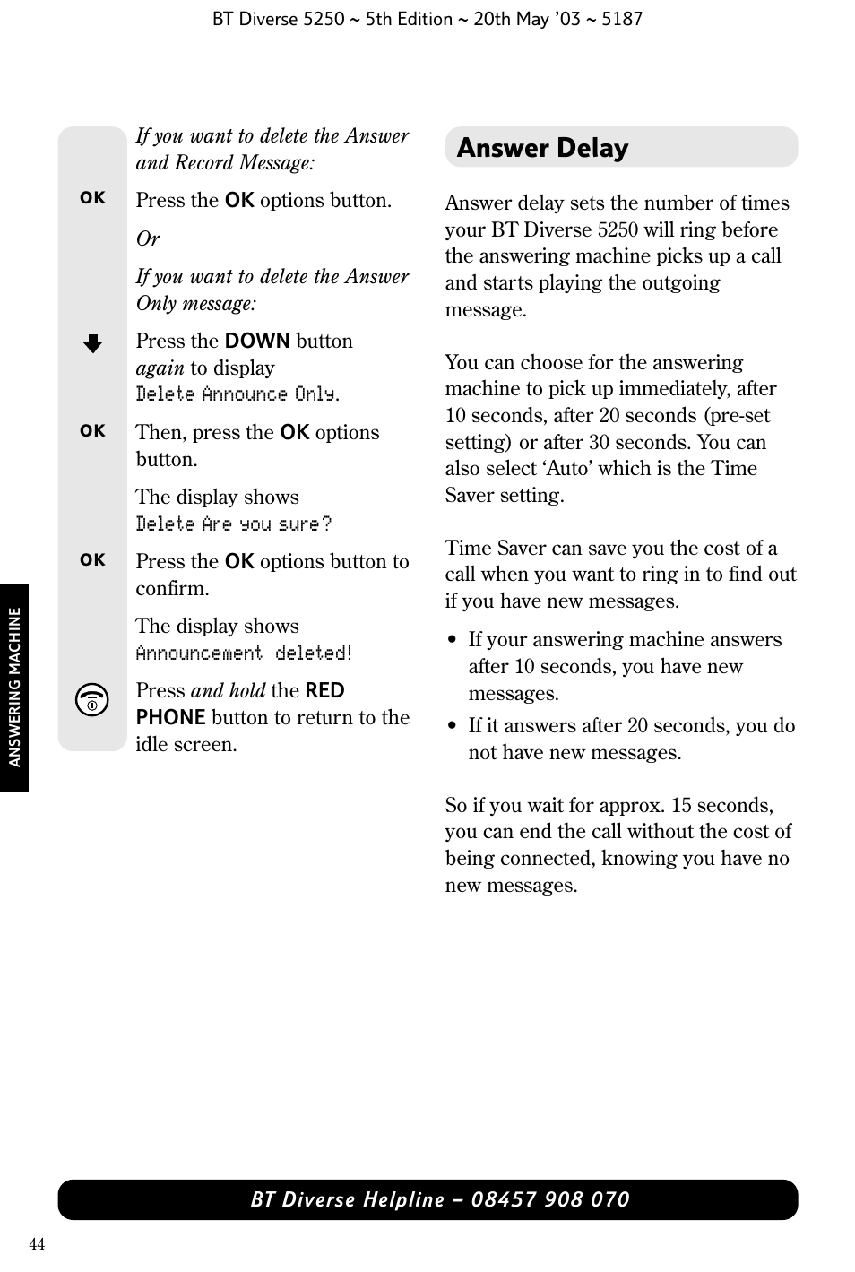 Answer delay | BT Diverse 5250 User Manual | Page 46 / 68