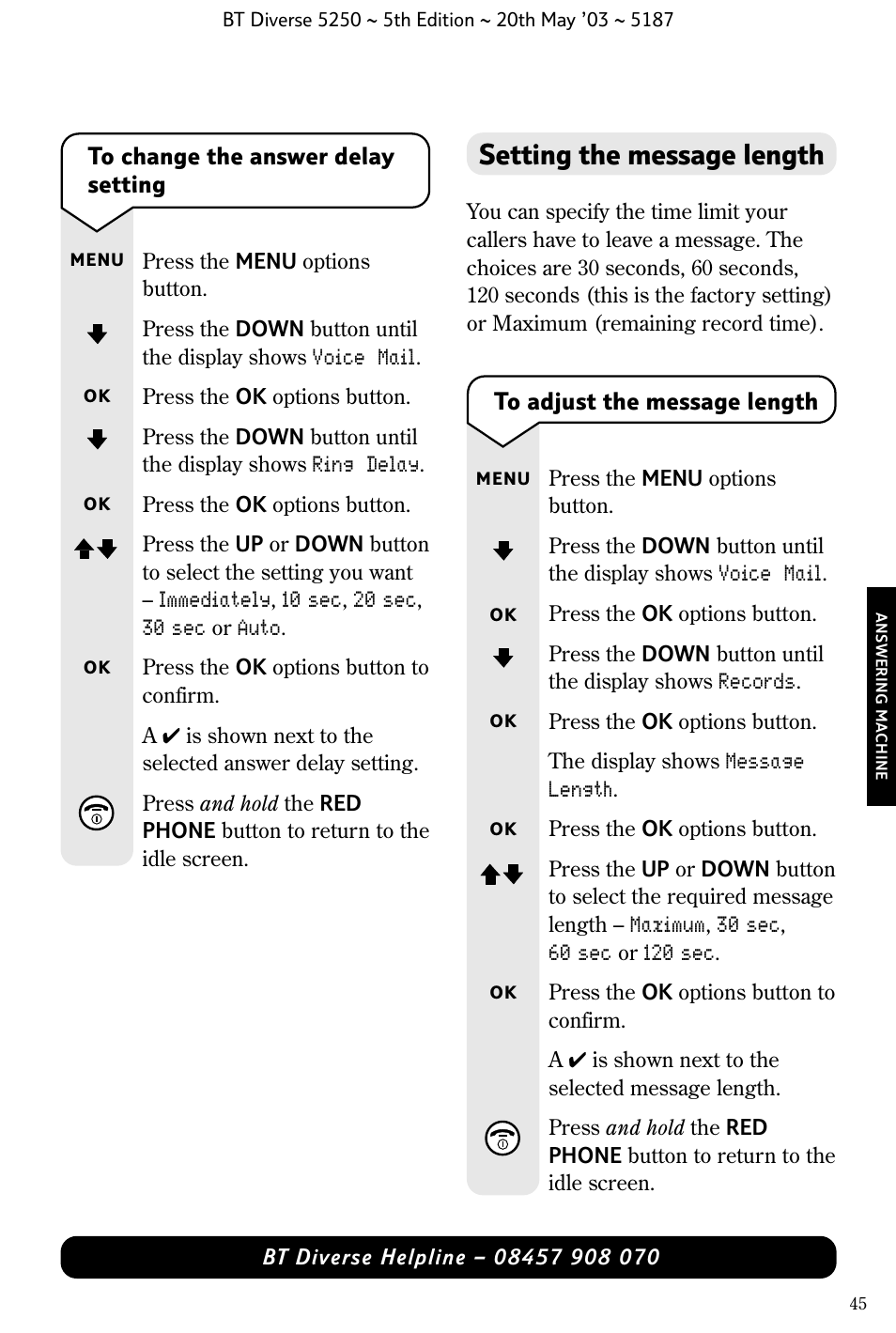 Setting the message length | BT Diverse 5250 User Manual | Page 47 / 68