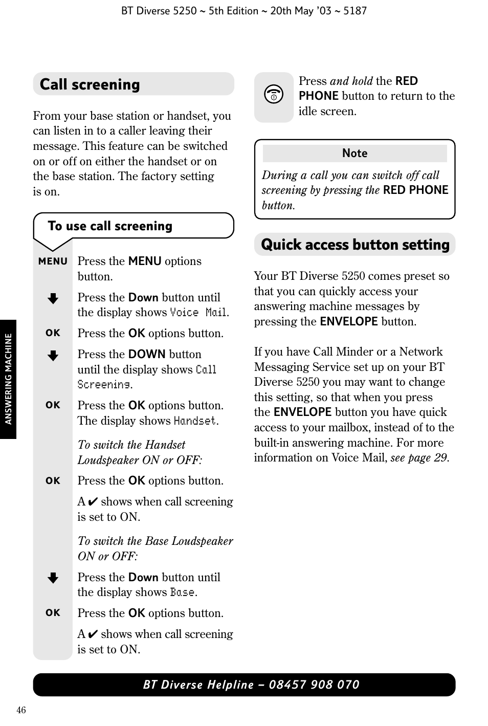 Call screening, Quick access button setting | BT Diverse 5250 User Manual | Page 48 / 68