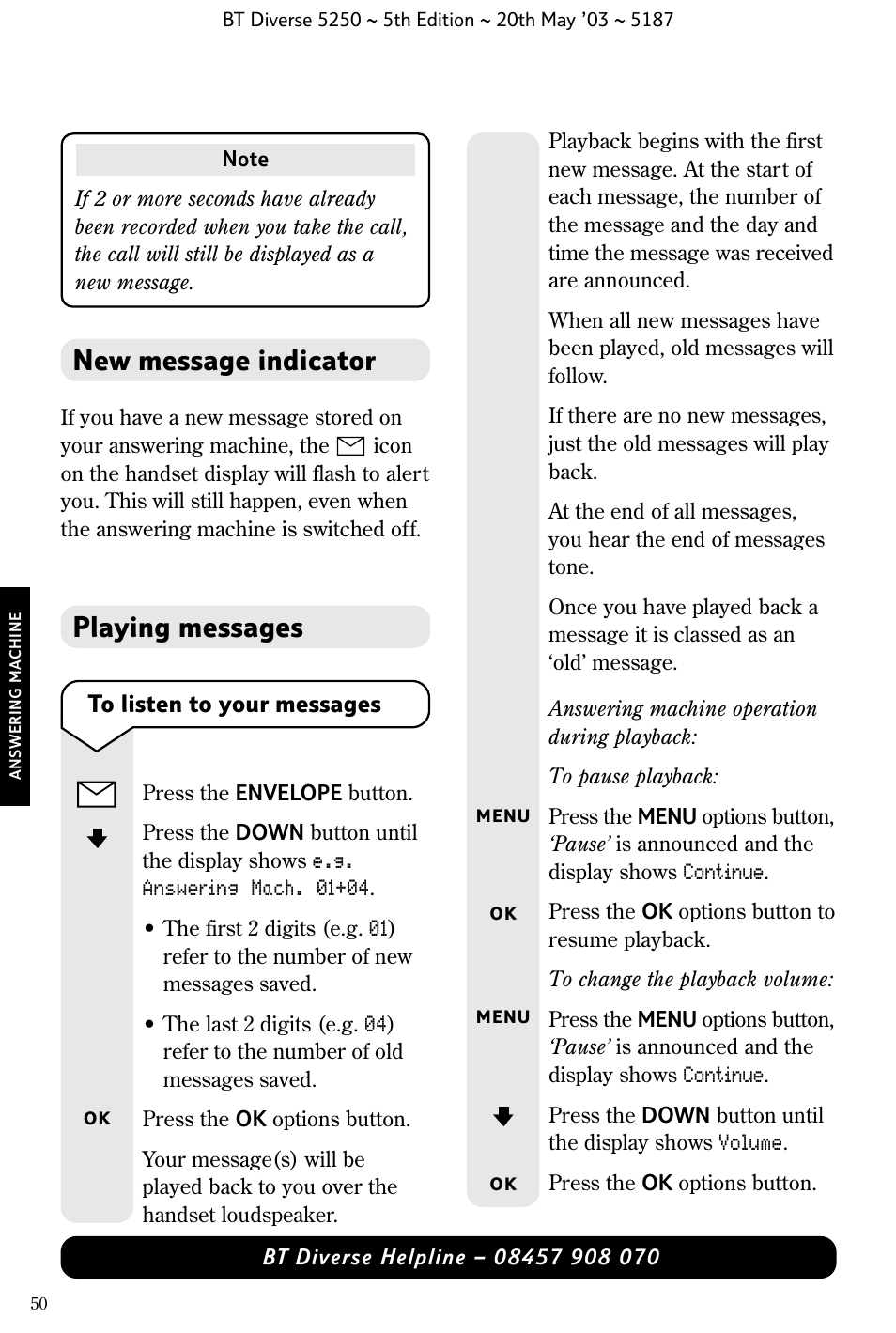 Playing messages, New message indicator | BT Diverse 5250 User Manual | Page 52 / 68