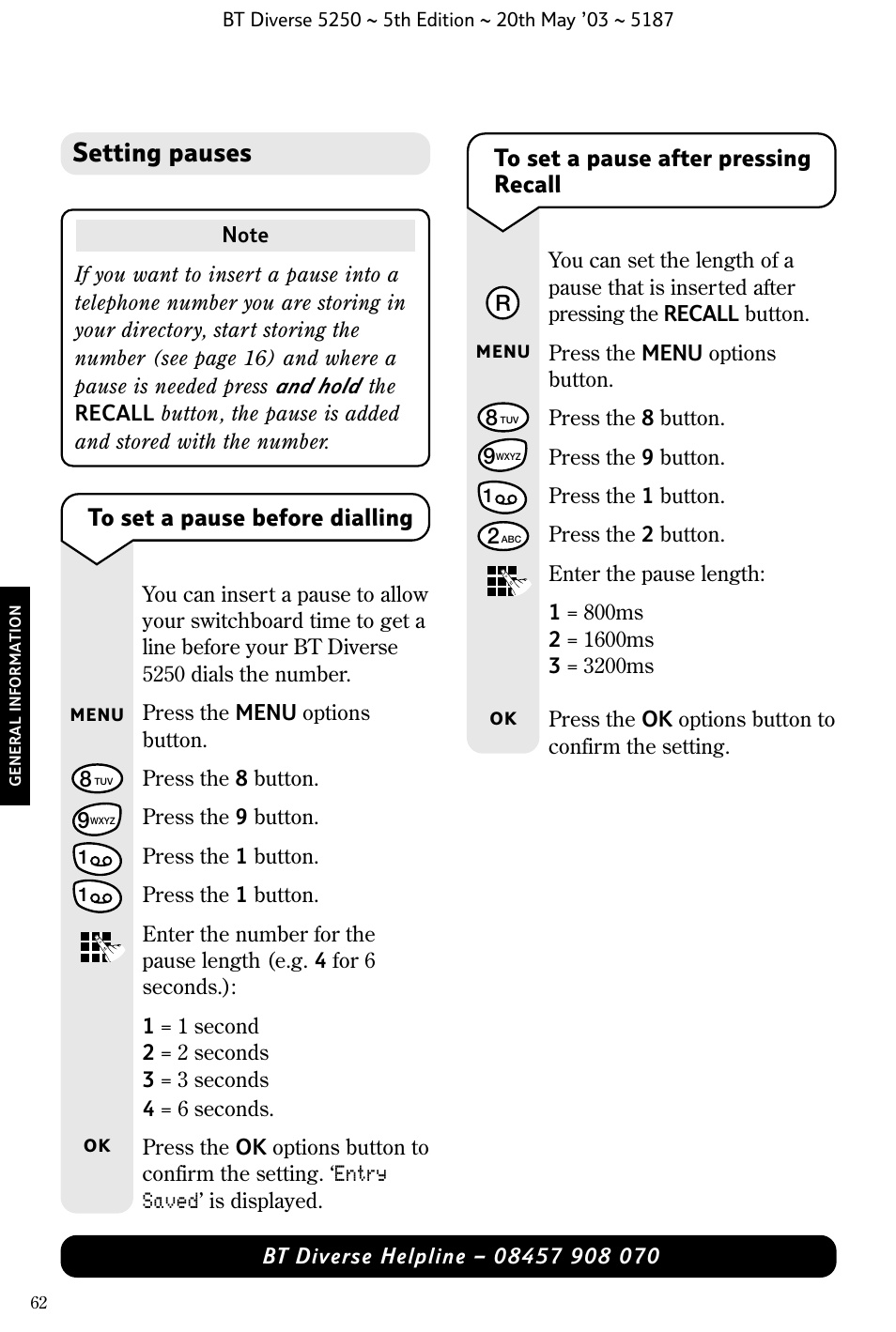 Setting pauses | BT Diverse 5250 User Manual | Page 64 / 68