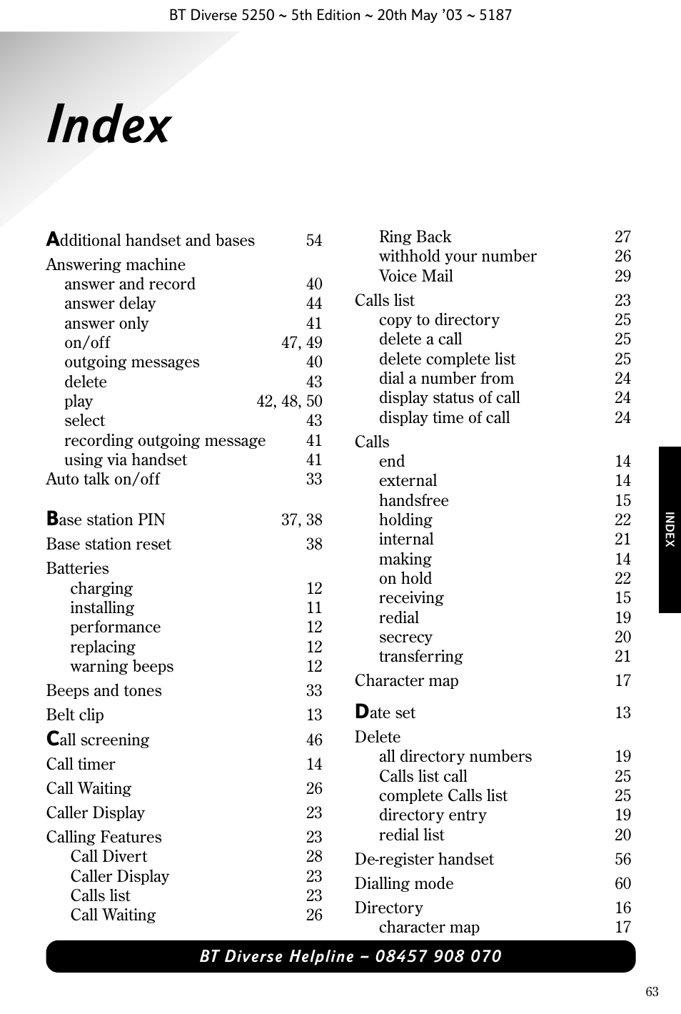 Index | BT Diverse 5250 User Manual | Page 65 / 68