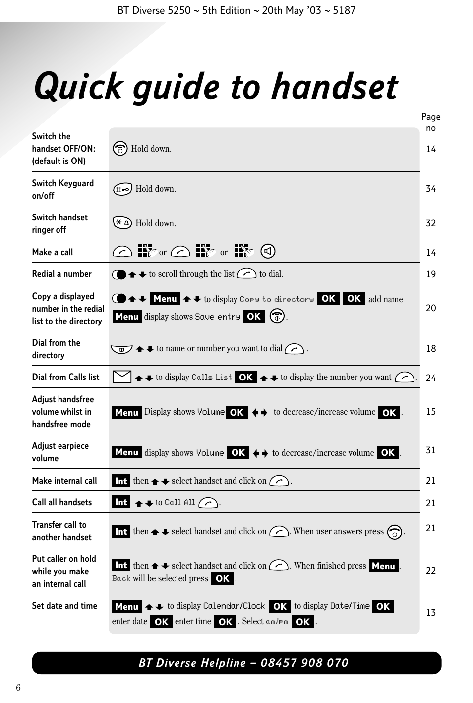 Quick guide to handset | BT Diverse 5250 User Manual | Page 8 / 68