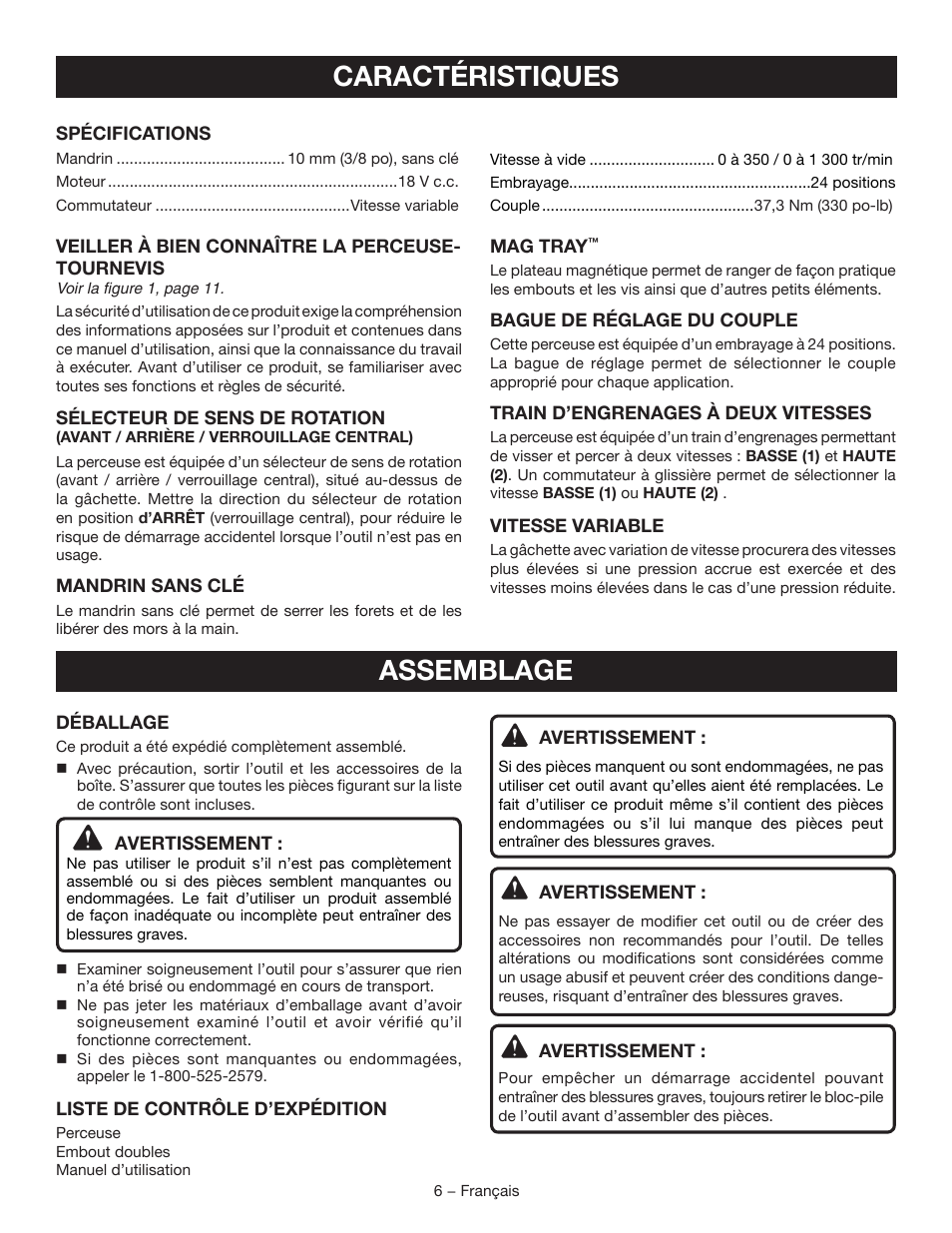 Caractéristiques, Assemblage | Ryobi P205G User Manual | Page 15 / 32